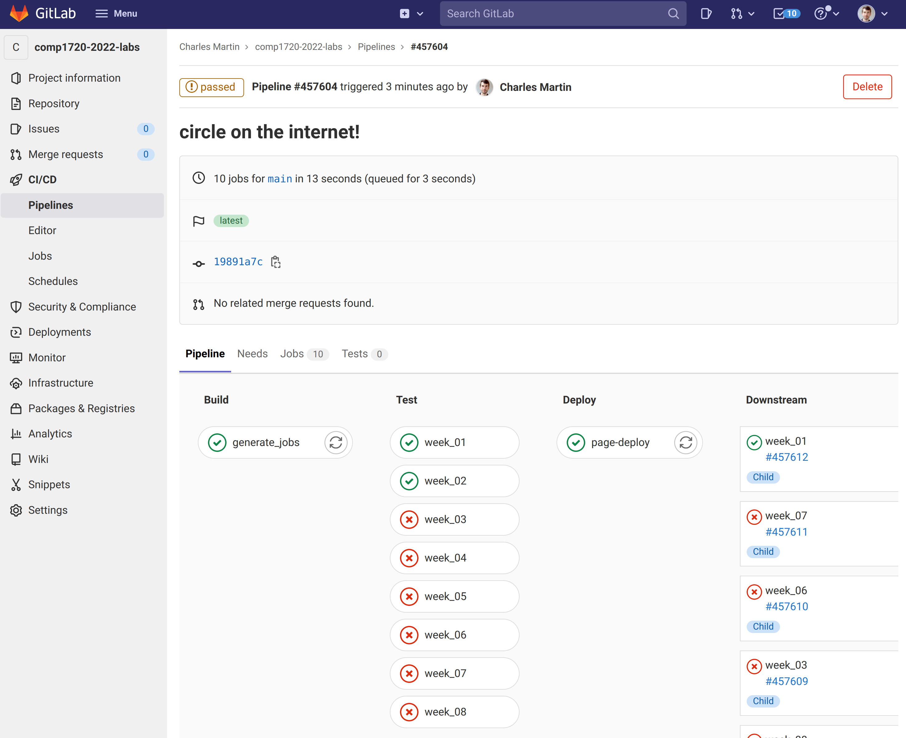 GitLab repo view with failed commit