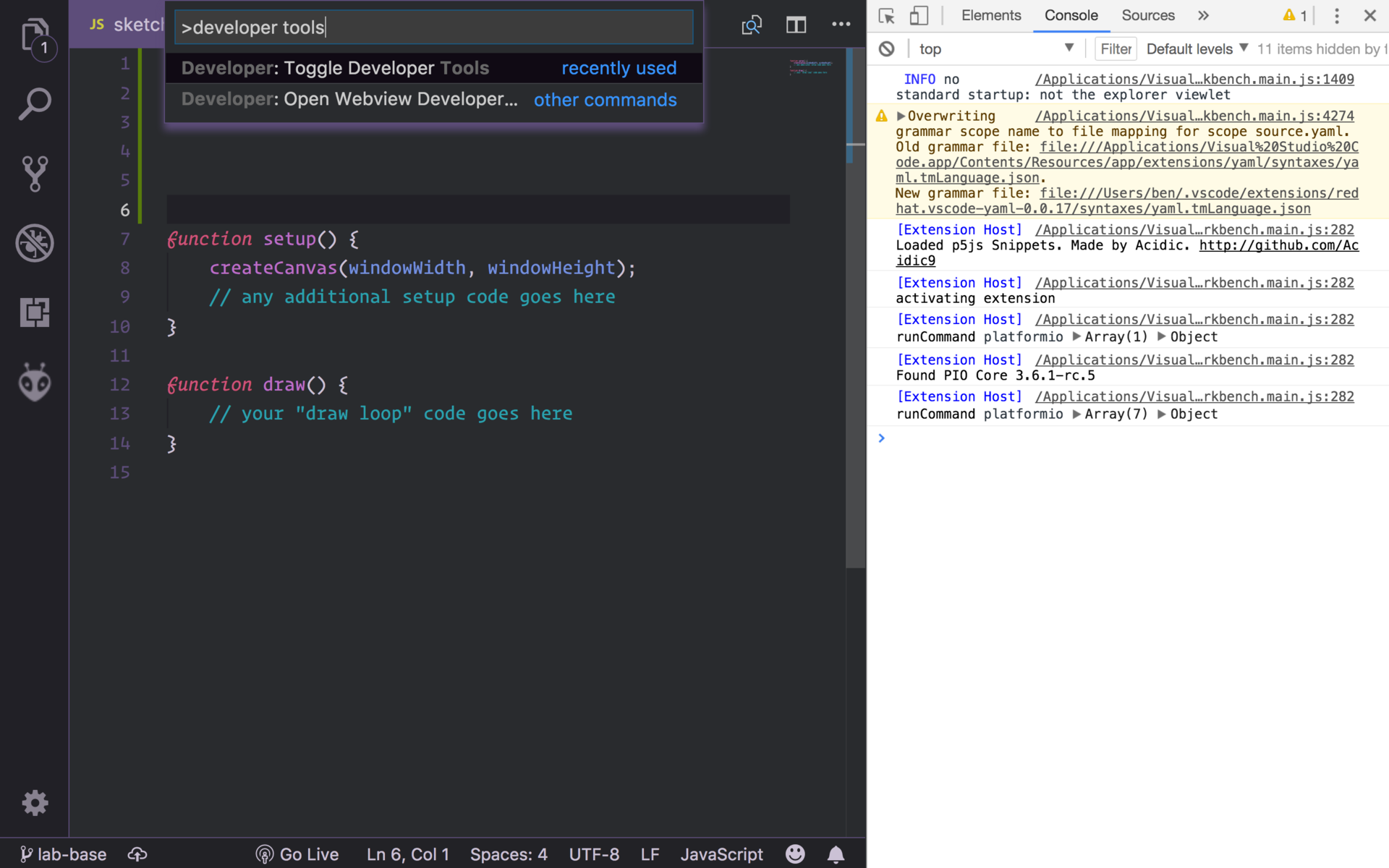 VSCode developer tools view