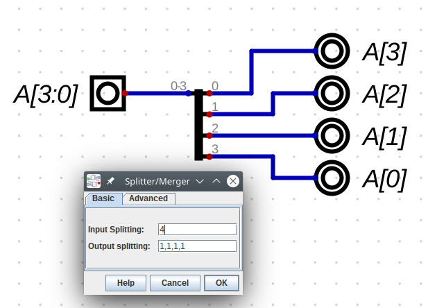 Wire splitter configuration. Input splitting is "4", output splitting is "1,1,1,1"