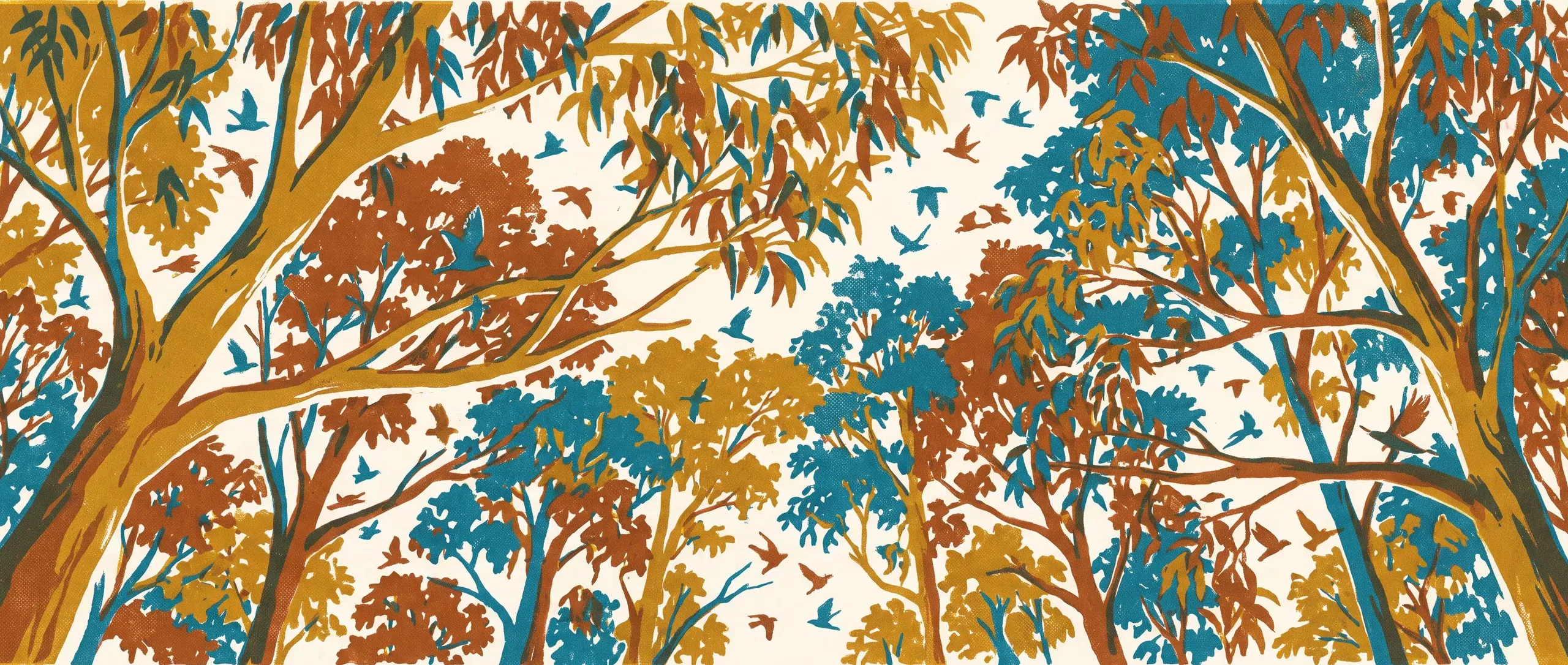Interlaced eucalypt canopies with birds threading between the crowns, in a three-ink risograph print