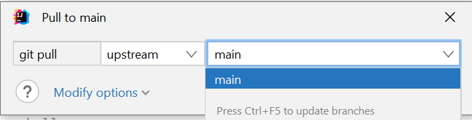 An IntelliJ pull window with a selected remote and a selected "main" branch