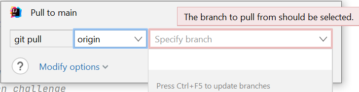 An IntelliJ pull window with an empty, red-framed branch drop-down field on the right, and a red warning tool-tip saying that a branch should be selected