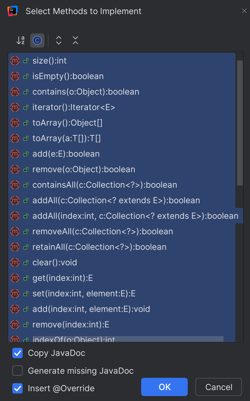 The window to select methods to implement for List<T> in IntelliJ IDEA