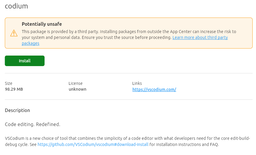The Install Screen for VSCodium on Ubuntu