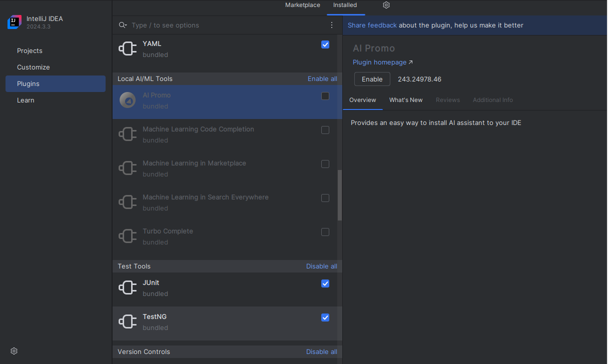 The start screen of IntelliJ in the Projects tab, with Local AI/ML Tools disabled