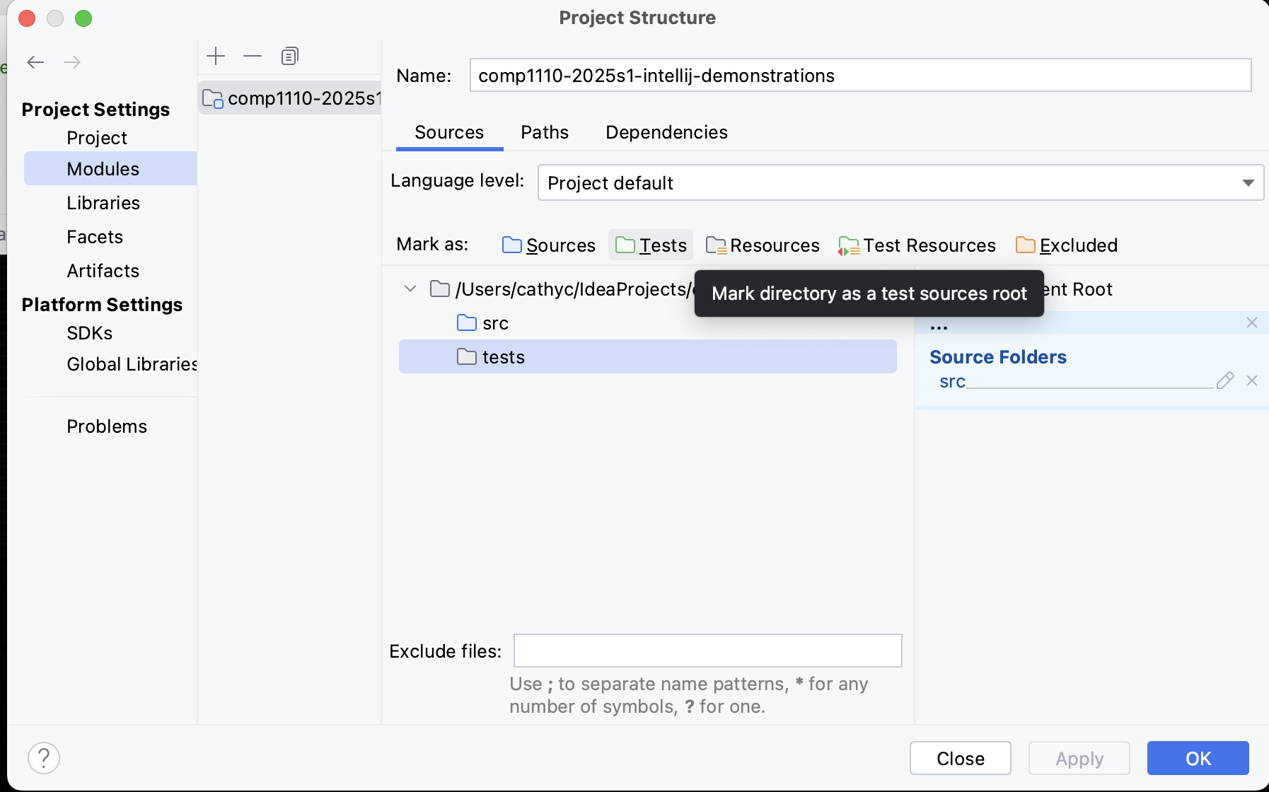 modules settings - marking source and test folders