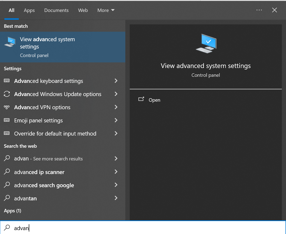 Selecting the Advanced System Settings in the Start Menu