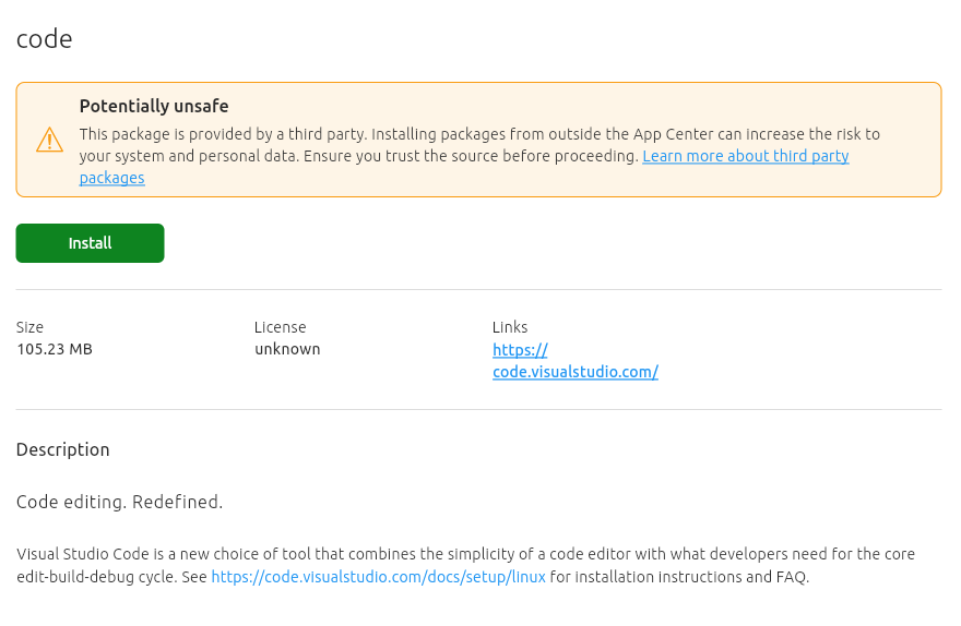 The Install Screen for VSCode on Ubuntu